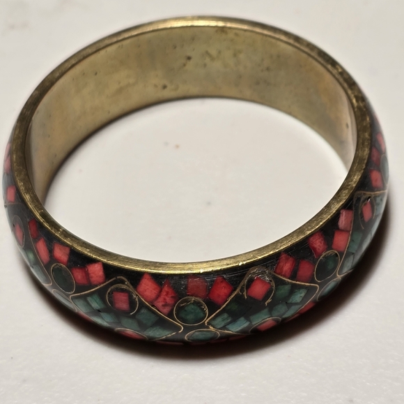 Vintage Mosaic Inlay Tibetan Brass Bangle 1in Wide - Picture 2 of 2